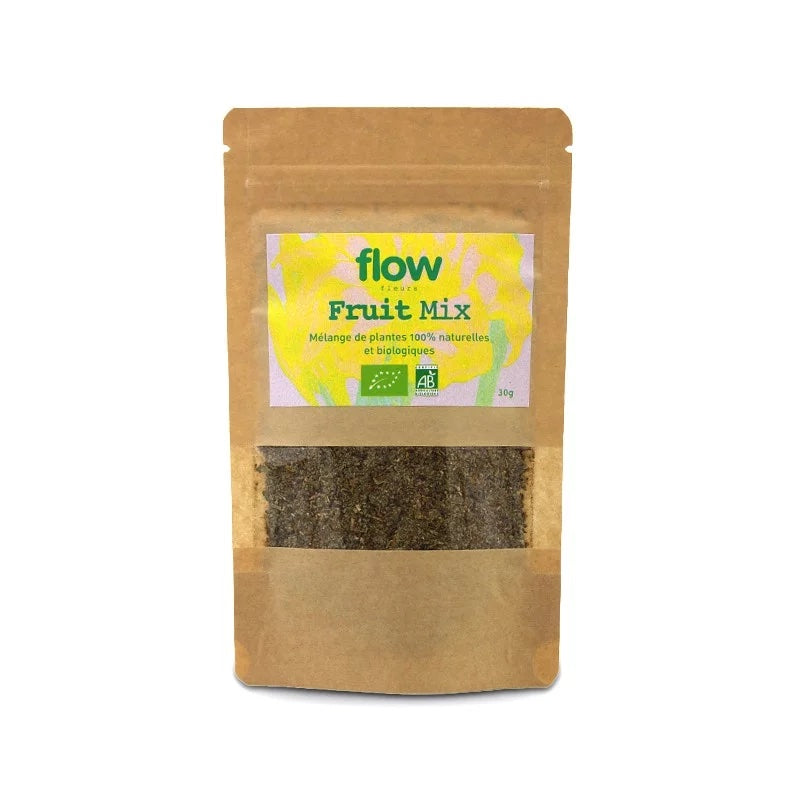 Substitut de tabac BIO Flow FRUIT Mix Bouillon blanc, framboisier, banane séchée.