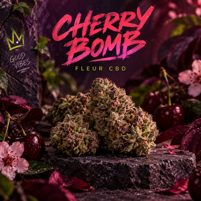 Illustration de l’univers Cherry Bomb CBD, cerise et violet