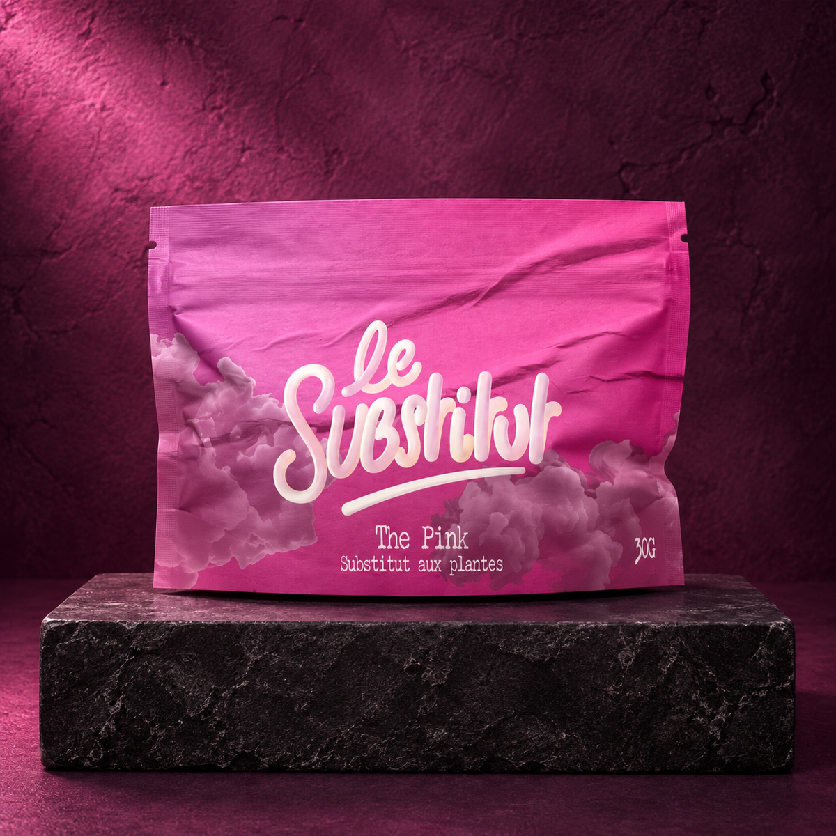 Substitut de tabac "THE PINK" Feuilles de framboisier et stigmate de maïs — présentation sur fond CBD Family