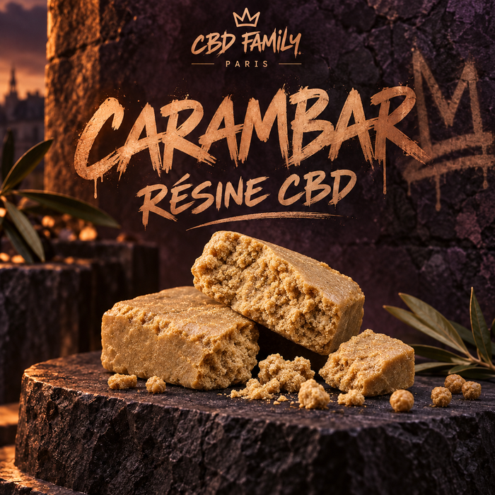 Illustration Carambar CBD : résine claire, univers cuivré et violet